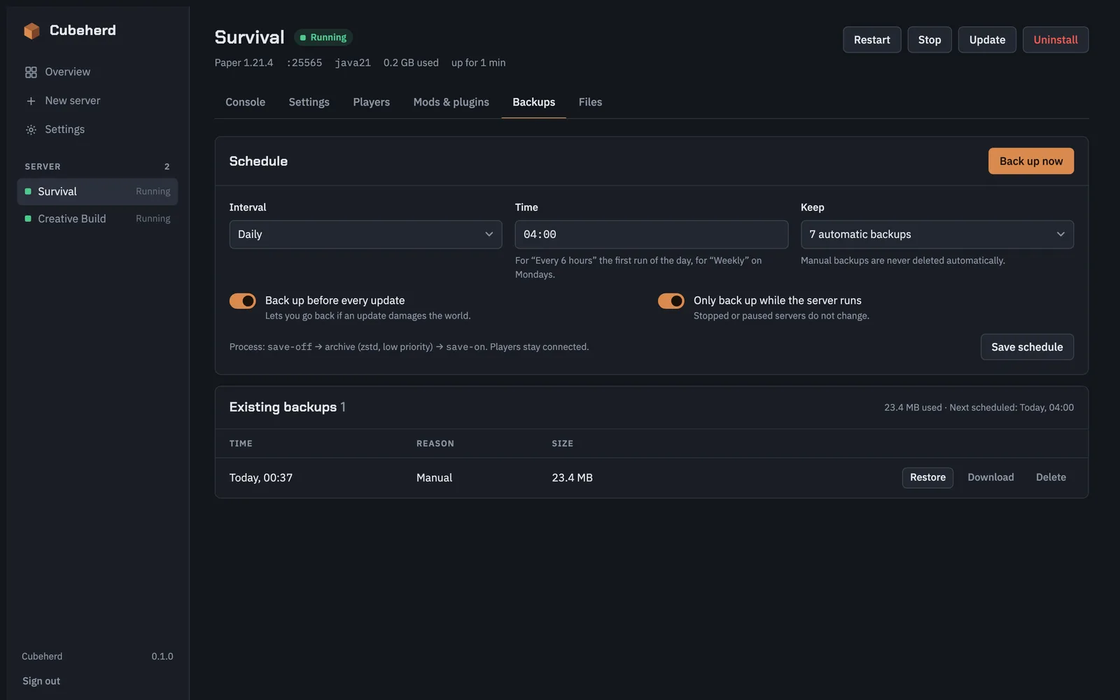 Scheduled and manual backups with restore