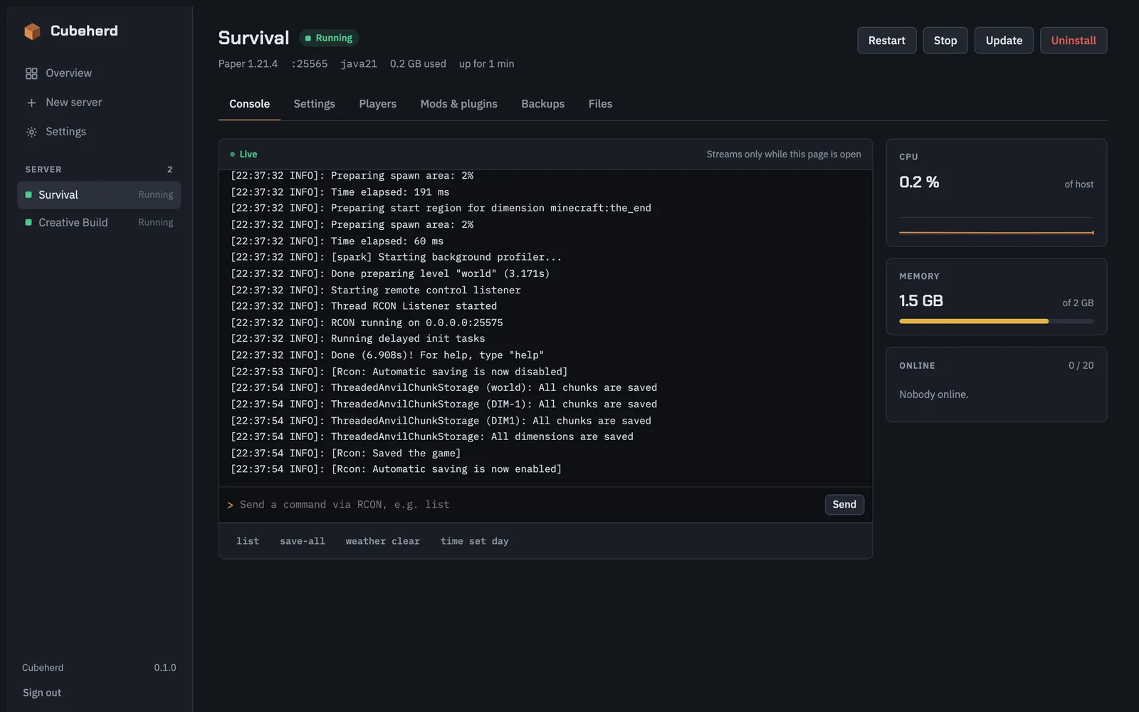 Live console with RCON, CPU, RAM and online players