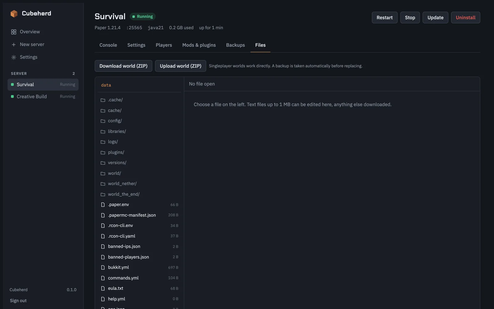 File browser, editor and world import and export