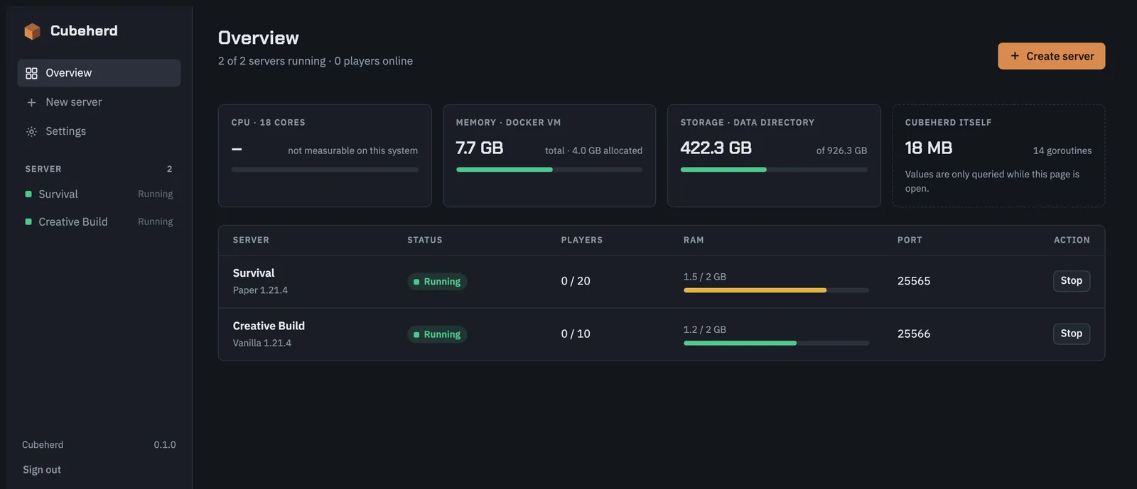 Cubeherd overview with two running Minecraft servers